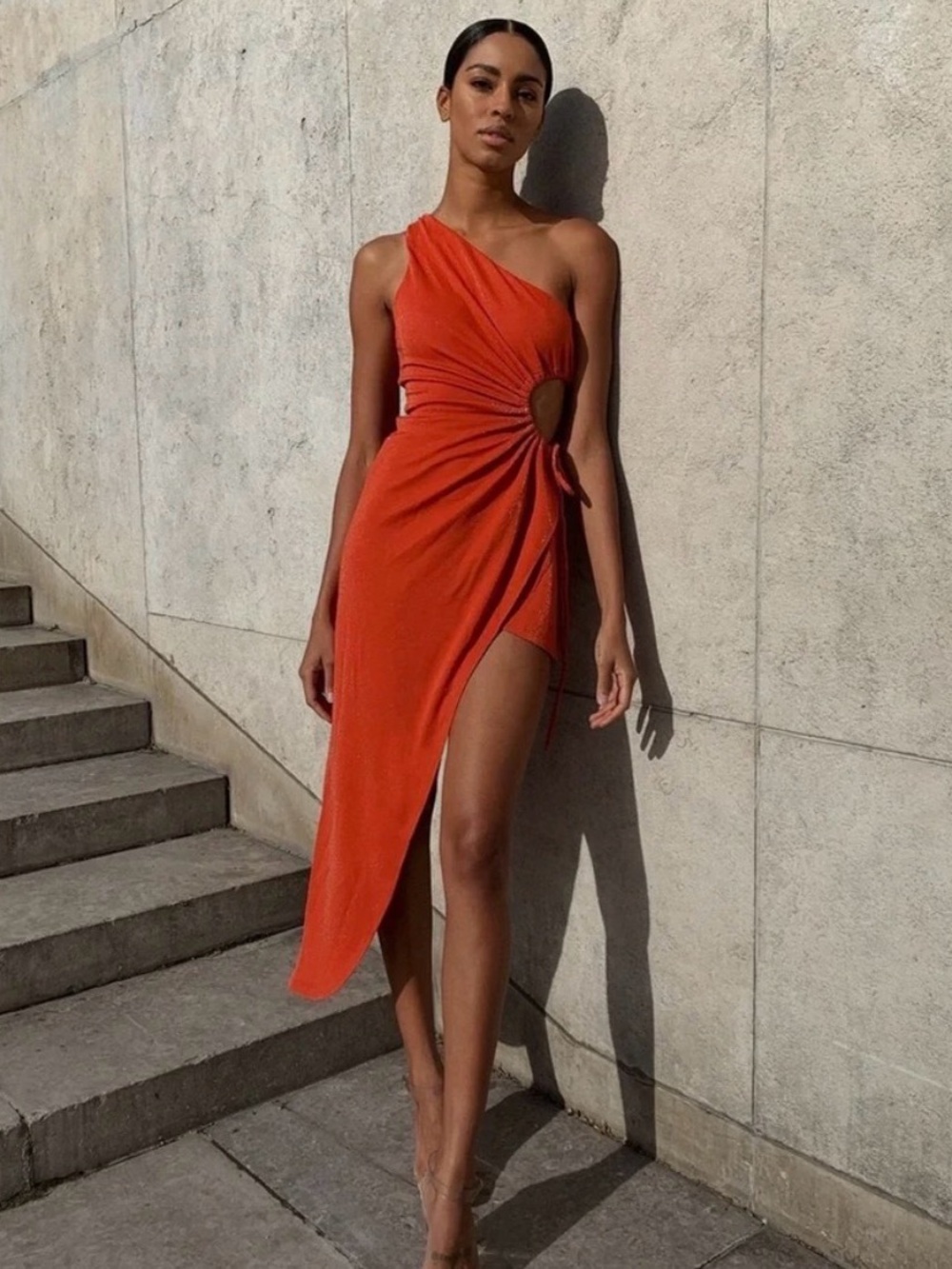 Alamour The Label One-Shoulder Orange Asymmetrical Knot Dress